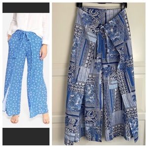 J. McLaughlin wide leg patchwork print palazzo pants blue white 7996